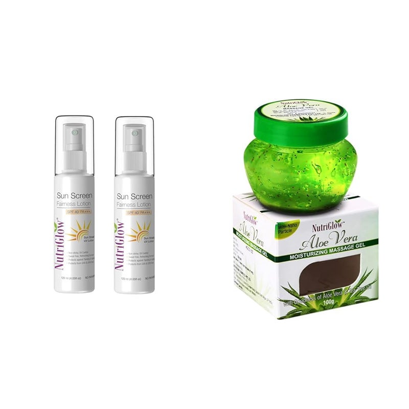 NutriGlow Sunscreen Lotion SPF 40 PA for Men Women All Skin Types 120ml Packof 2 and NutriGlow Aloe Vera Gel 120ml Pack of 2 - Image 1