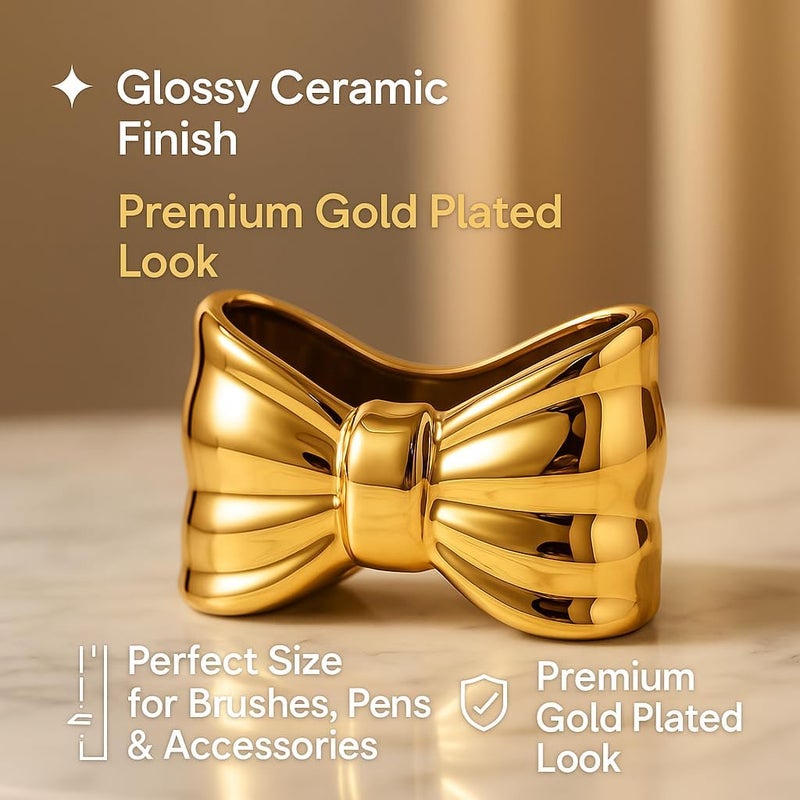Questsole (Pack of 1 Ceramic Golden Bow Makeup Brush Holder – Glossy Vanity Organizer for Brushes, Pens & Accessories, Luxury Gold Finish Beauty Desk Organizer - Image 4