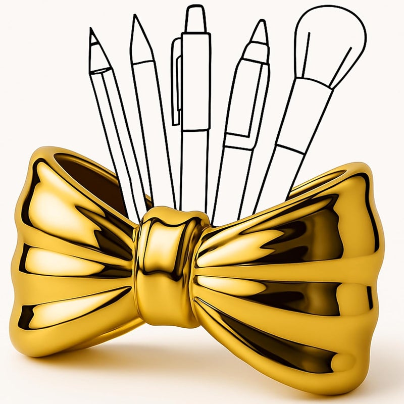 Questsole (Pack of 1 Ceramic Golden Bow Makeup Brush Holder – Glossy Vanity Organizer for Brushes, Pens & Accessories, Luxury Gold Finish Beauty Desk Organizer - Image 1