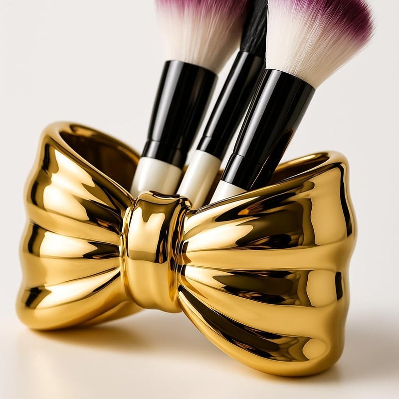 Questsole (Pack of 1 Ceramic Golden Bow Makeup Brush Holder – Glossy Vanity Organizer for Brushes, Pens & Accessories, Luxury Gold Finish Beauty Desk Organizer - Image 5