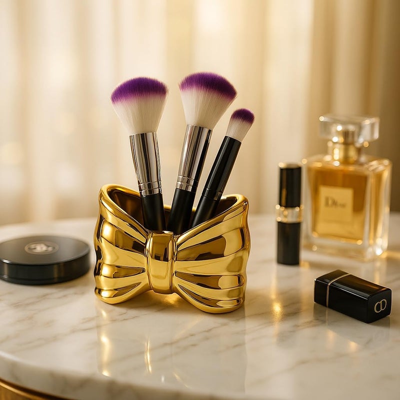 Questsole (Pack of 1 Ceramic Golden Bow Makeup Brush Holder – Glossy Vanity Organizer for Brushes, Pens & Accessories, Luxury Gold Finish Beauty Desk Organizer - Image 3