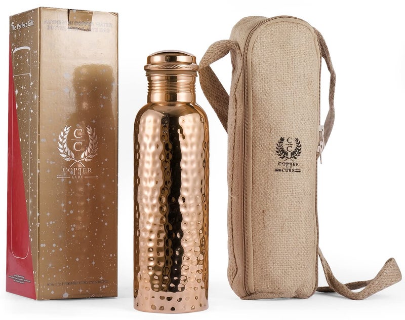 Copper Cure Pure Copper Water Bottle 34 Ounce with Jute Carry Bag â€“ Hammered Leakproof Ayurvedic Copper Vessel for Drinking Water - Reusable Bottle for Home, Office, Gym, Travel & Gifting - Image 1
