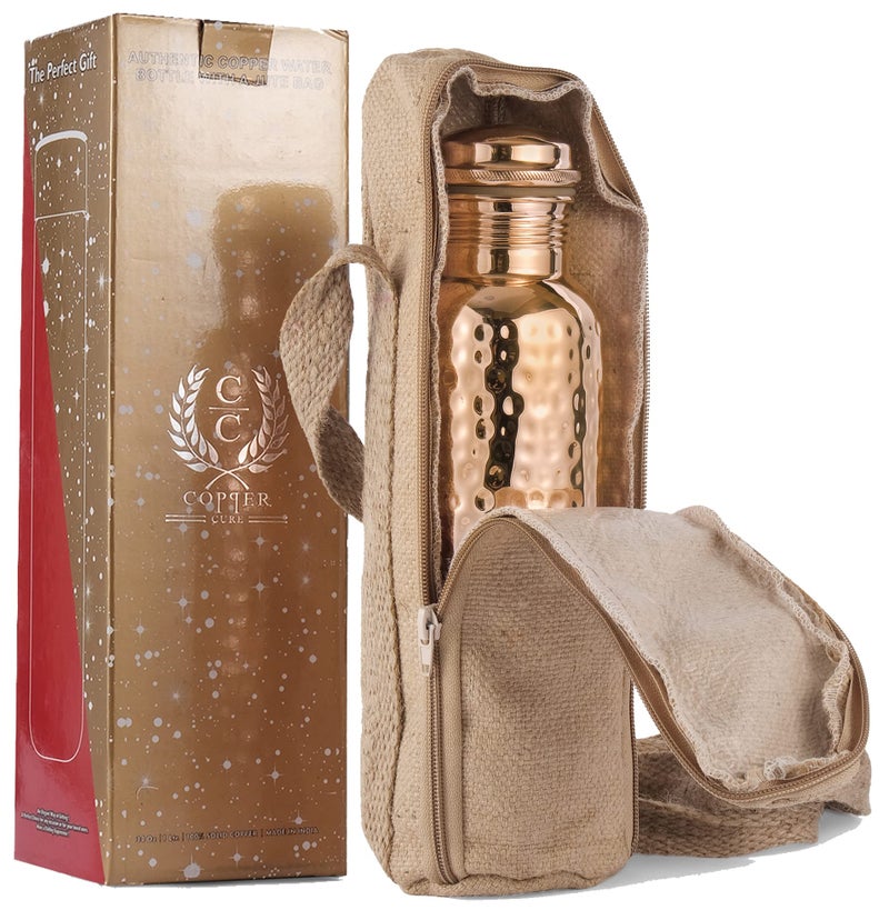 Copper Cure Pure Copper Water Bottle 34 Ounce with Jute Carry Bag â€“ Hammered Leakproof Ayurvedic Copper Vessel for Drinking Water - Reusable Bottle for Home, Office, Gym, Travel & Gifting - Image 2