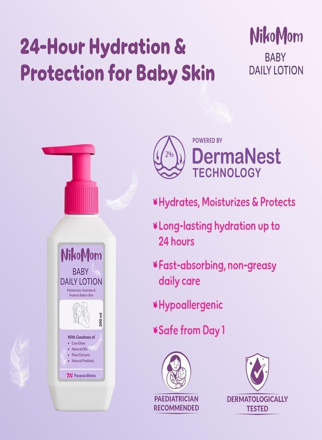 NikoMom Baby Daily Lotion 200ml With 24-Hour Hydration, Strengthens Baby Skin Barrier, Balanced pH, with Ghee, Mango Butter, Coconut & Jojoba Oil, Dermatologist Tested, Hypoallergenic, Paraben Free - Image 5