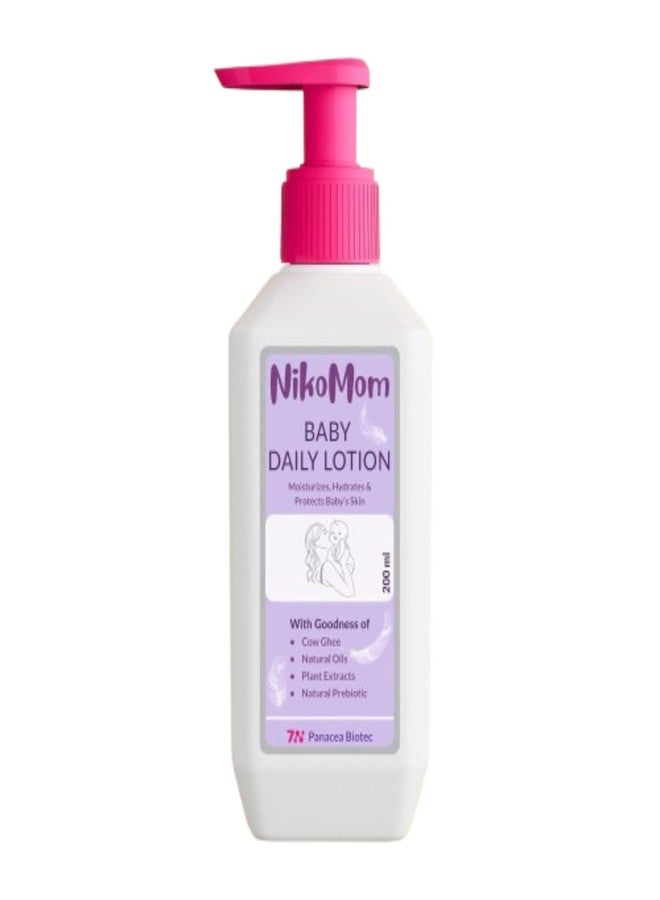 NikoMom Baby Daily Lotion 200ml With 24-Hour Hydration, Strengthens Baby Skin Barrier, Balanced pH, with Ghee, Mango Butter, Coconut & Jojoba Oil, Dermatologist Tested, Hypoallergenic, Paraben Free - Image 1