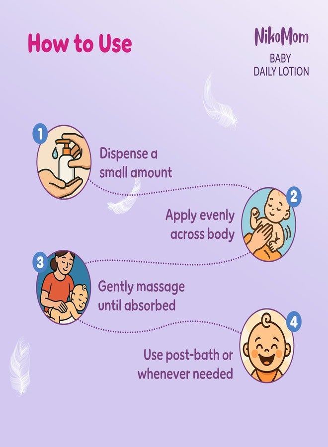 NikoMom Baby Daily Lotion 200ml With 24-Hour Hydration, Strengthens Baby Skin Barrier, Balanced pH, with Ghee, Mango Butter, Coconut & Jojoba Oil, Dermatologist Tested, Hypoallergenic, Paraben Free - Image 3