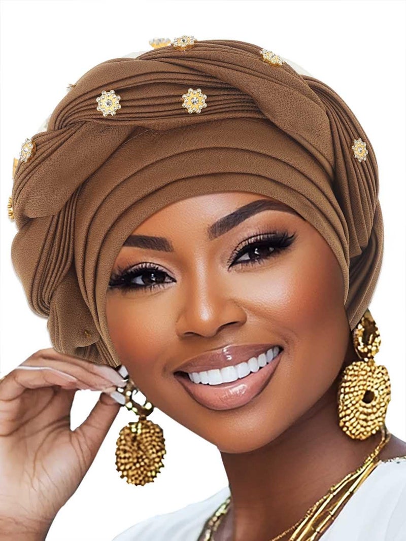 Woeoe Women African Turban Pre-Tied Twisted Headwrap Rhinestone Soft Stretchy Head Turbans (Brown) - Image 1