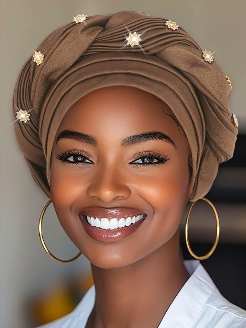 Woeoe Women African Turban Pre-Tied Twisted Headwrap Rhinestone Soft Stretchy Head Turbans (Brown) - Image 3