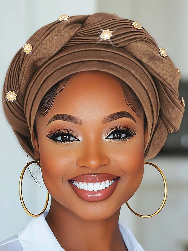 Woeoe Women African Turban Pre-Tied Twisted Headwrap Rhinestone Soft Stretchy Head Turbans (Brown) - Image 5