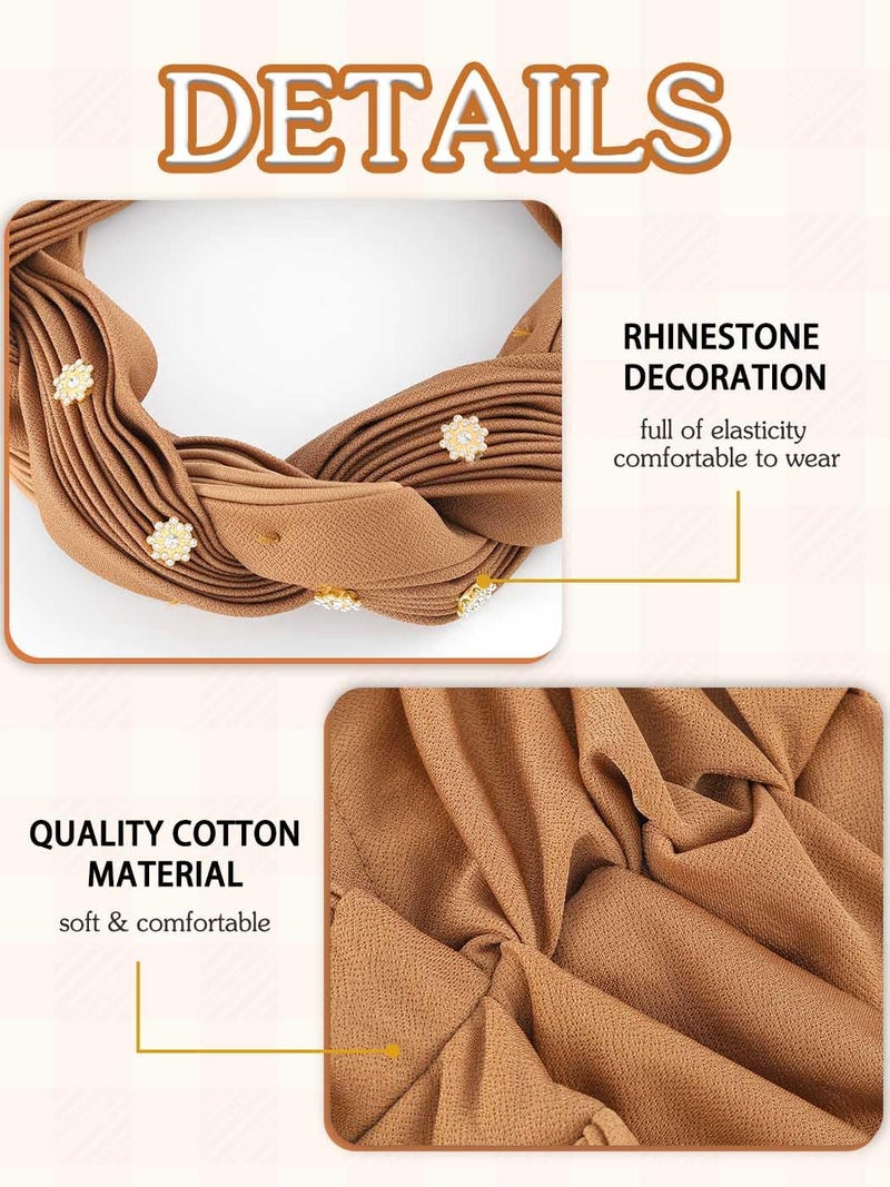 Woeoe Women African Turban Pre-Tied Twisted Headwrap Rhinestone Soft Stretchy Head Turbans (Brown) - Image 4