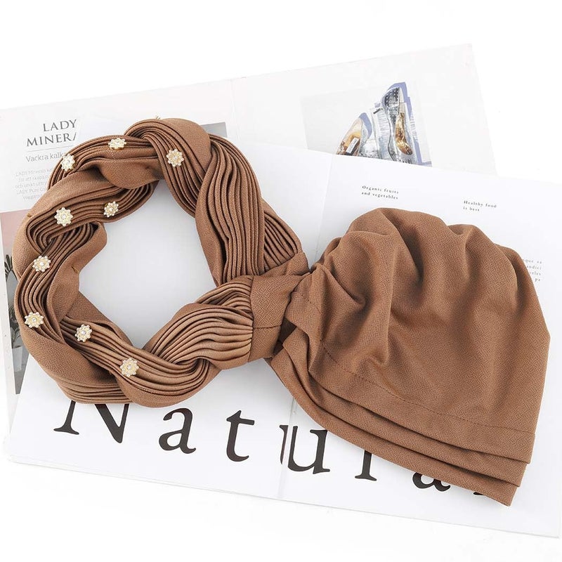 Woeoe Women African Turban Pre-Tied Twisted Headwrap Rhinestone Soft Stretchy Head Turbans (Brown) - Image 2