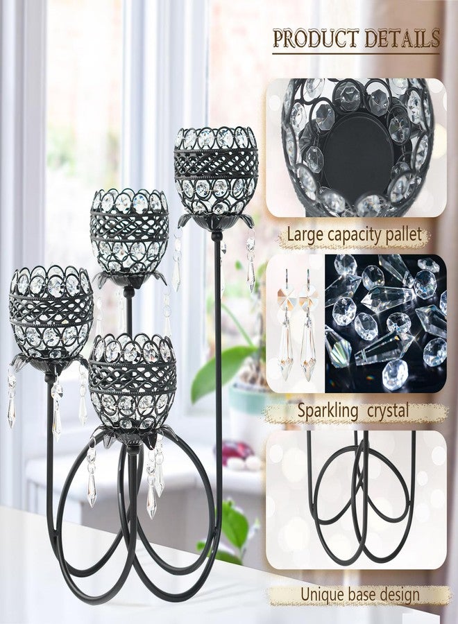 kehail 4 Arms Crystal Candelabra Tealight Holder - Tall 15.7 Inch Elegant Centerpiece with Crystal Pendant Bowls & Artistic Metal Stand for Wedding, Dining Table, Home Decor (2, Black) - Image 3