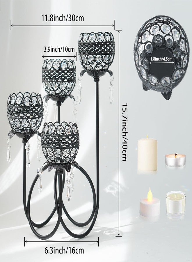 kehail 4 Arms Crystal Candelabra Tealight Holder - Tall 15.7 Inch Elegant Centerpiece with Crystal Pendant Bowls & Artistic Metal Stand for Wedding, Dining Table, Home Decor (2, Black) - Image 2