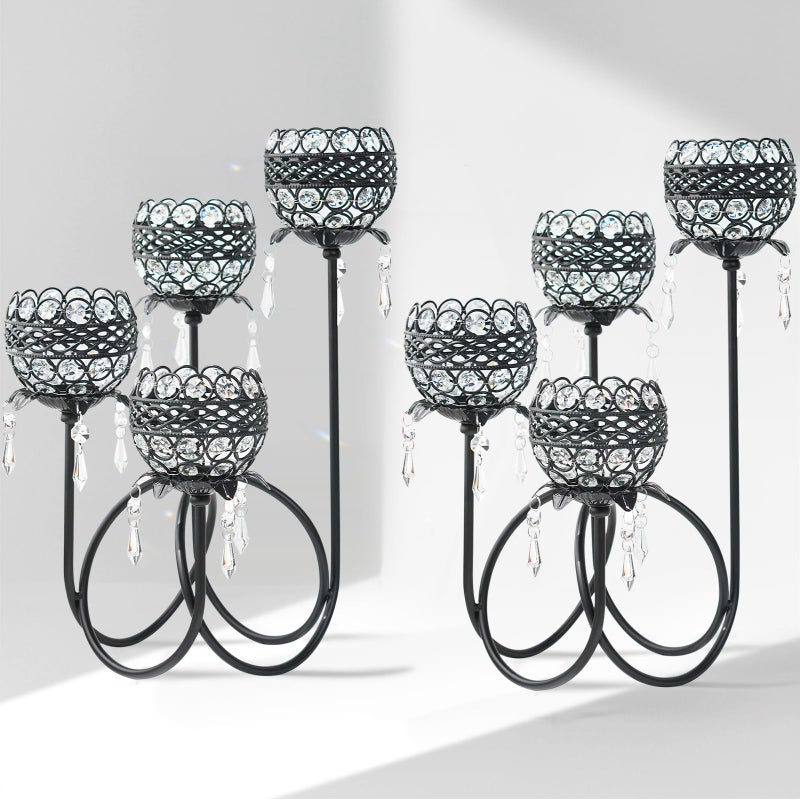 kehail 4 Arms Crystal Candelabra Tealight Holder - Tall 15.7 Inch Elegant Centerpiece with Crystal Pendant Bowls & Artistic Metal Stand for Wedding, Dining Table, Home Decor (2, Black) - Image 1