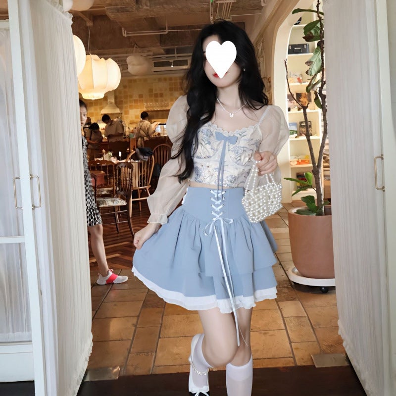 Japanese-Style Sweet And Fresh Bow Slimming Patchwork Long-Sleeve Top High-Waisted Short A-Line Skirt Set For Women - Image 4