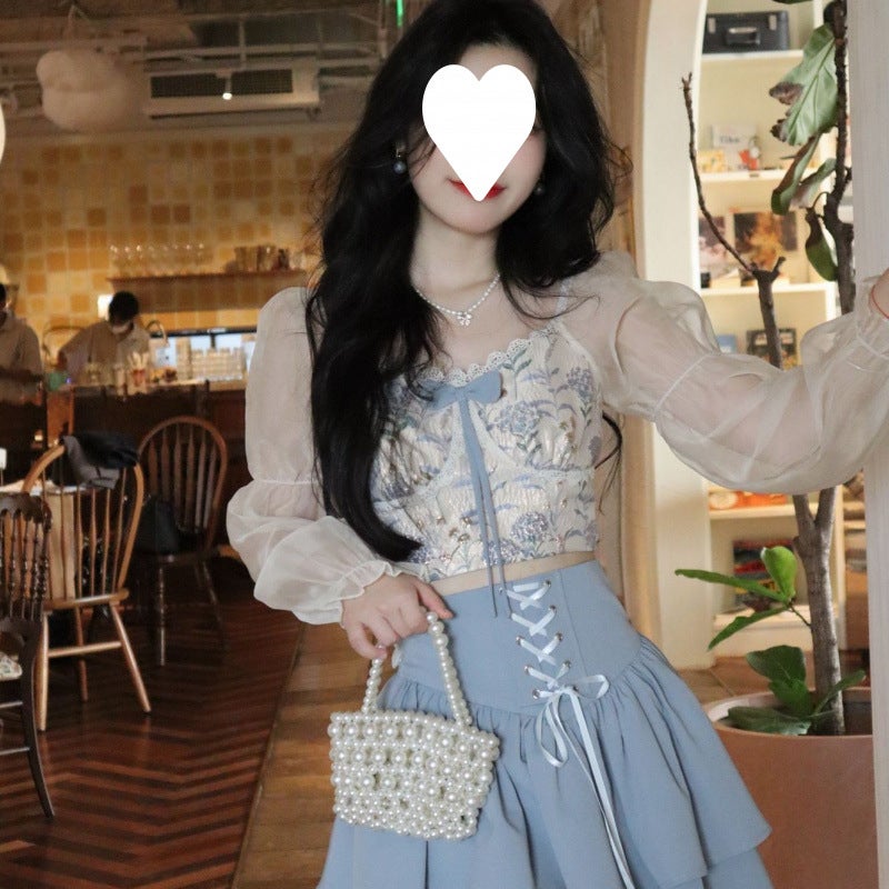 Japanese-Style Sweet And Fresh Bow Slimming Patchwork Long-Sleeve Top High-Waisted Short A-Line Skirt Set For Women - Image 1