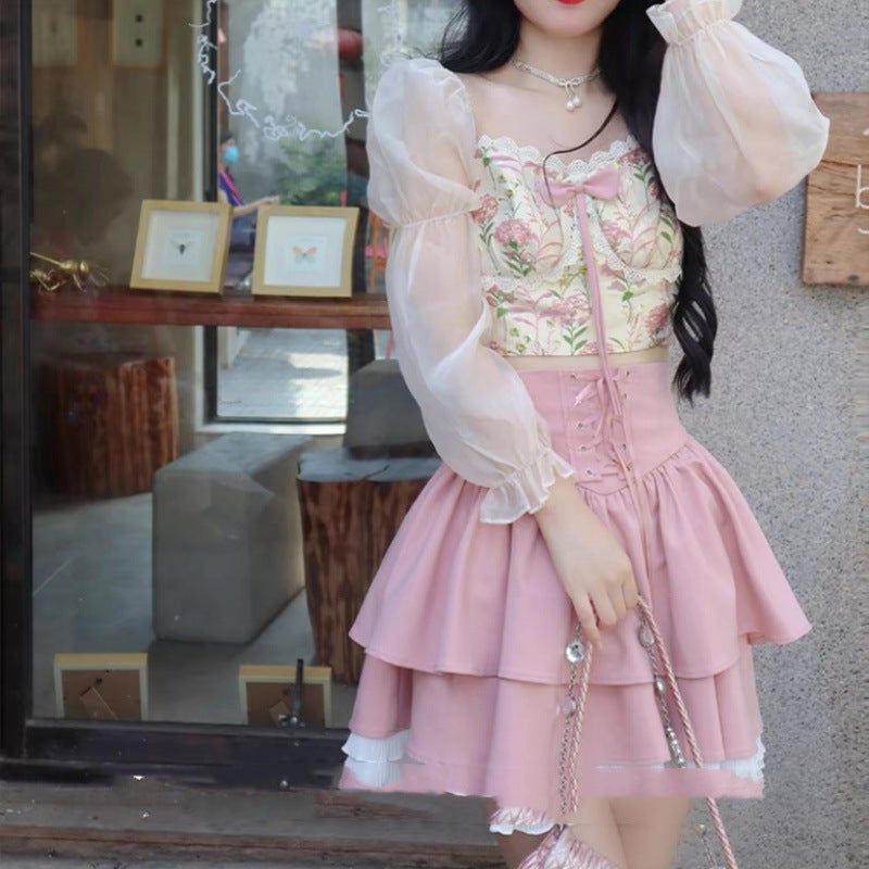 Japanese-Style Sweet And Fresh Bow Slimming Patchwork Long-Sleeve Top High-Waisted Short A-Line Skirt Set For Women - Image 5