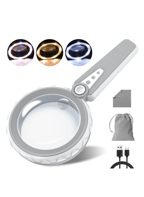 6X 10X Magnifying Glass with Light-12 LED Handheld Illuminated Lighted Magnifying Glasses 3 Cool and Warm Light Modes Adjustable Brightness Magnifier for Close Work Seniors Reading Powered by USB
