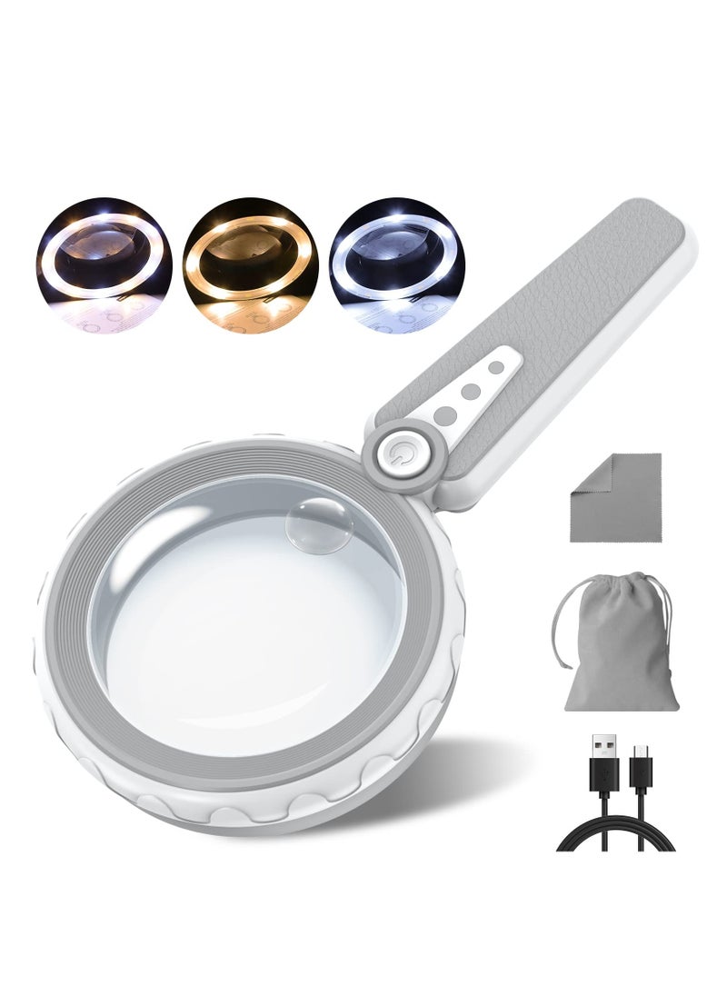 6X 10X Magnifying Glass with Light-12 LED Handheld Illuminated Lighted Magnifying Glasses 3 Cool and Warm Light Modes Adjustable Brightness Magnifier for Close Work Seniors Reading Powered by USB