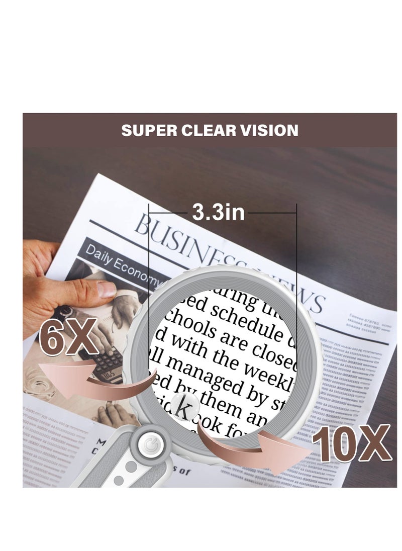 6X 10X Magnifying Glass with Light-12 LED Handheld Illuminated Lighted Magnifying Glasses 3 Cool and Warm Light Modes Adjustable Brightness Magnifier for Close Work Seniors Reading Powered by USB
