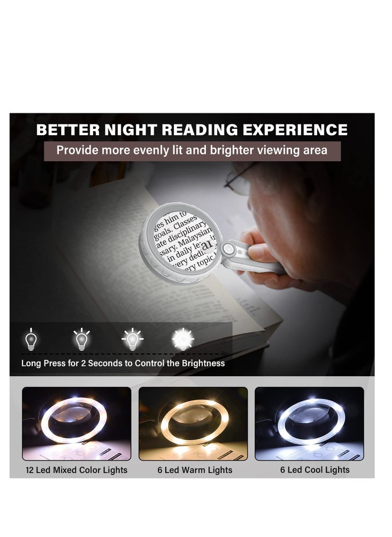 6X 10X Magnifying Glass with Light-12 LED Handheld Illuminated Lighted Magnifying Glasses 3 Cool and Warm Light Modes Adjustable Brightness Magnifier for Close Work Seniors Reading Powered by USB