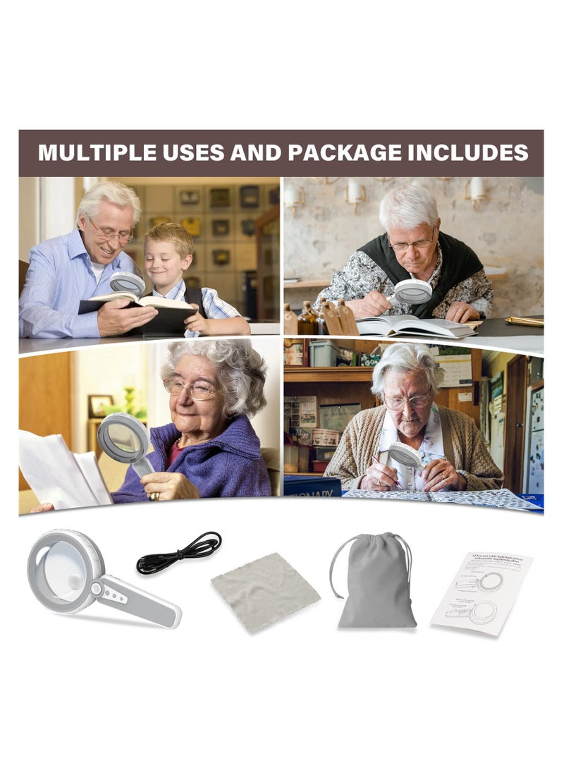 6X 10X Magnifying Glass with Light-12 LED Handheld Illuminated Lighted Magnifying Glasses 3 Cool and Warm Light Modes Adjustable Brightness Magnifier for Close Work Seniors Reading Powered by USB