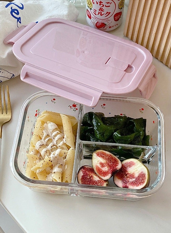 HOMESTAR Printing 3 compartment Food Meals Storage Container Gilrs Glass Lunch Box BPA-Free Fruit Vegetable Bento Box Microwave Oven Freezer Dishwasher Pink  - Image 1