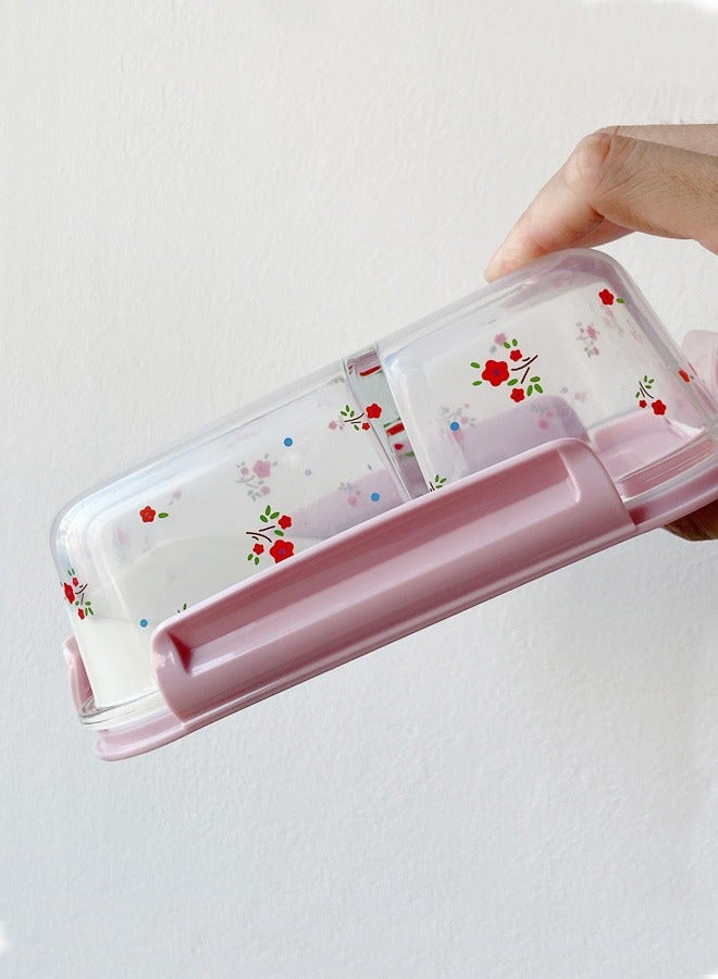 HOMESTAR Printing 3 compartment Food Meals Storage Container Gilrs Glass Lunch Box BPA-Free Fruit Vegetable Bento Box Microwave Oven Freezer Dishwasher Pink  - Image 2