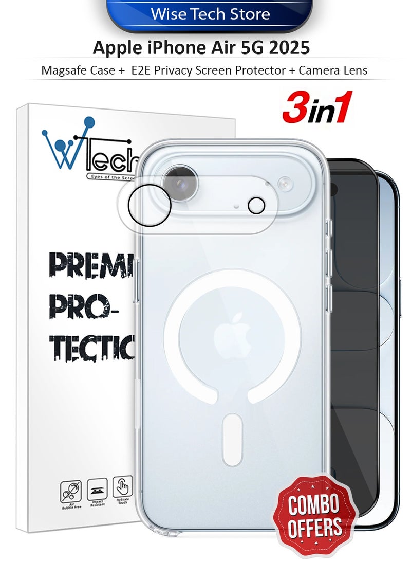 دبليو تيك حزمة حماية شاملة لهاتف آبل آيفون إير 5G 2025 3 في 1 - حقيبة شفافة مقاومة للصدمات مع ماسج سيف، واقي شاشة حرية الخصوصية من الحافة إلى الحافة، وواقي عدسة الكاميرا لحماية 360 درجة، سهولة التثبيت - شفاف/أسود - Image 1