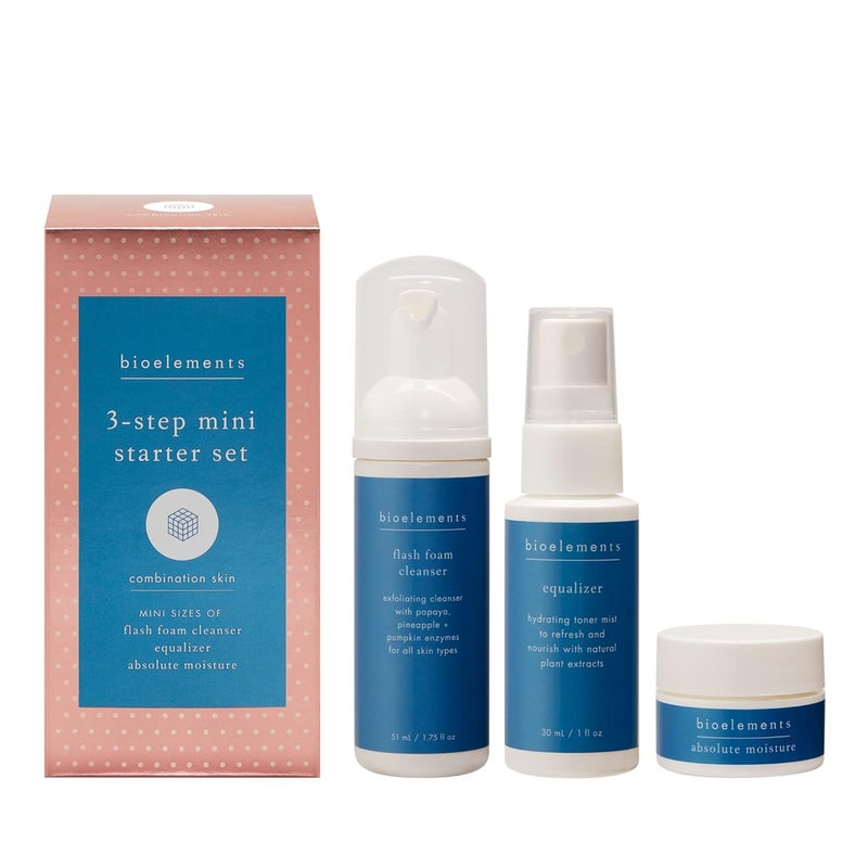 Bioelements 3Step Mini Starter Set Combination Skin  Includes Flash Foam Cleanser Equalizer Toner  Absolute Moisture Moisturizer  Vegan Gluten Free  Never Tested on Animals
