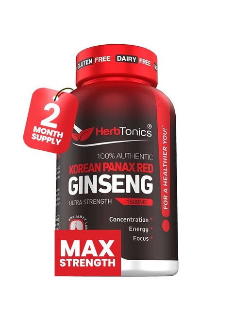 Korean Red Panax Ginseng 1500mg - High Potency Ginseng for Energy, Performance & Immune Support for Men & Women - Ginseng Root Extract Powder Supplement for Focus and Vitality -120 Capsules