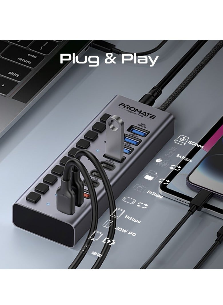 PROMATE 10 In 1 USB-C Multiport Hub, 3 USB-C And  4 USB-A Ports With 5Gbps Data Transfer, Fast Charging USB-C And USB-A Ports, 20W USB-C PD Port With Individual Power Switches And Plug and Play, Gegahub-5G Grey - Image 4