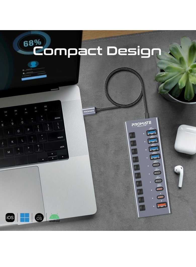 PROMATE 10 In 1 USB-C Multiport Hub, 3 USB-C And  4 USB-A Ports With 5Gbps Data Transfer, Fast Charging USB-C And USB-A Ports, 20W USB-C PD Port With Individual Power Switches And Plug and Play, Gegahub-5G Grey - Image 2
