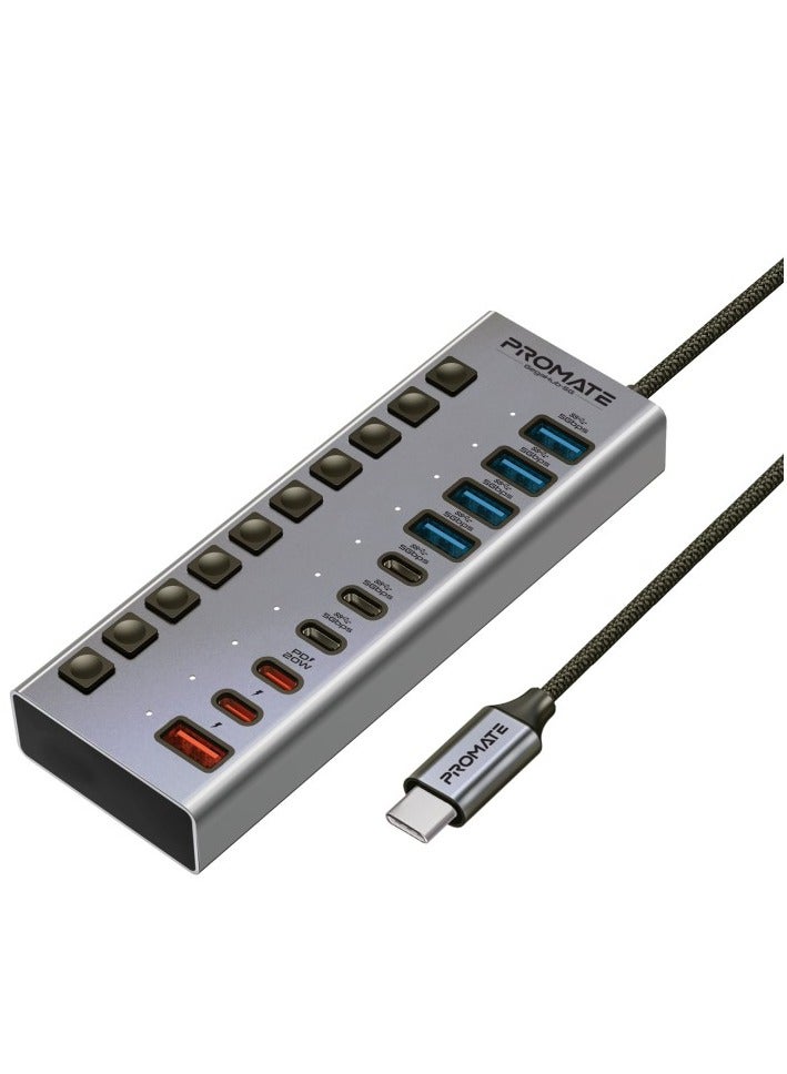 10 In 1 USB-C Multiport Hub, 3 USB-C And 4 USB-A Ports With 5Gbps Data Transfer, Fast Charging USB-C And USB-A Ports, 20W USB-C PD Port With Individual Power Switches And Plug and Play, Gegahub-5G Grey
