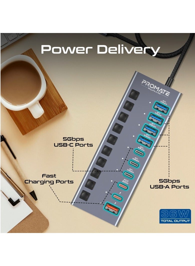 PROMATE 10 In 1 USB-C Multiport Hub, 3 USB-C And  4 USB-A Ports With 5Gbps Data Transfer, Fast Charging USB-C And USB-A Ports, 20W USB-C PD Port With Individual Power Switches And Plug and Play, Gegahub-5G Grey - Image 3