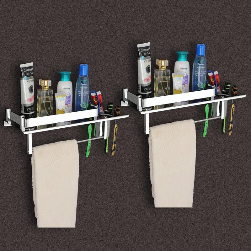 iSTAR Stainless Steel Bathroom Shelf With Tumbler and Towel Holder | Durable Multipurpose Wall Mounted Toiletries Organizer for Shampoo, Shower Gel, Home and Hotels (Silver, Pack of 2) - Image 1