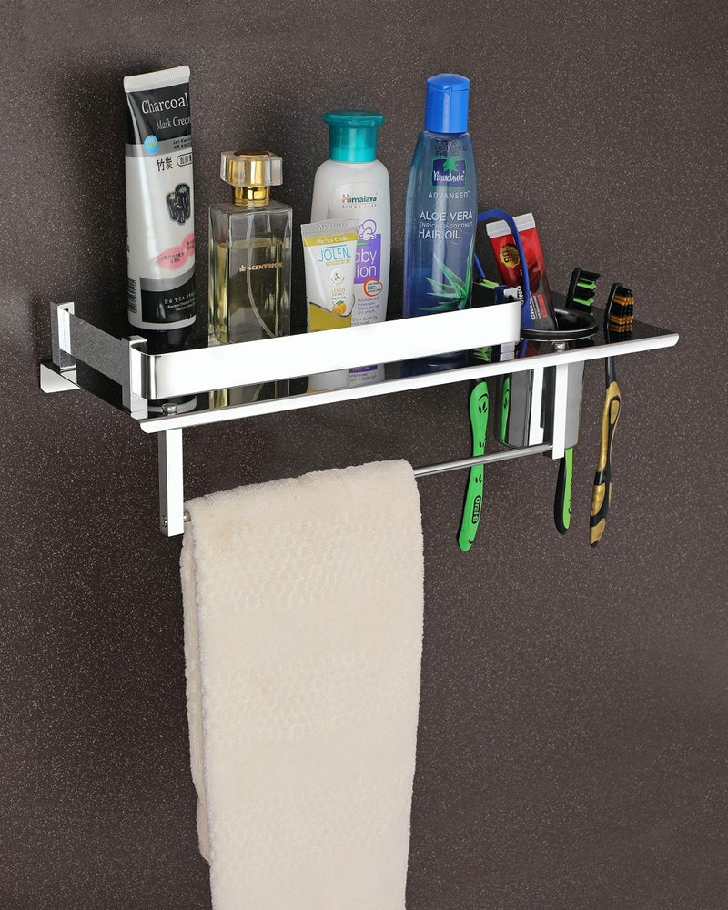 iSTAR Stainless Steel Bathroom Shelf With Tumbler and Towel Holder | Durable Multipurpose Wall Mounted Toiletries Organizer for Shampoo, Shower Gel, Home and Hotels (Silver, Pack of 2) - Image 2