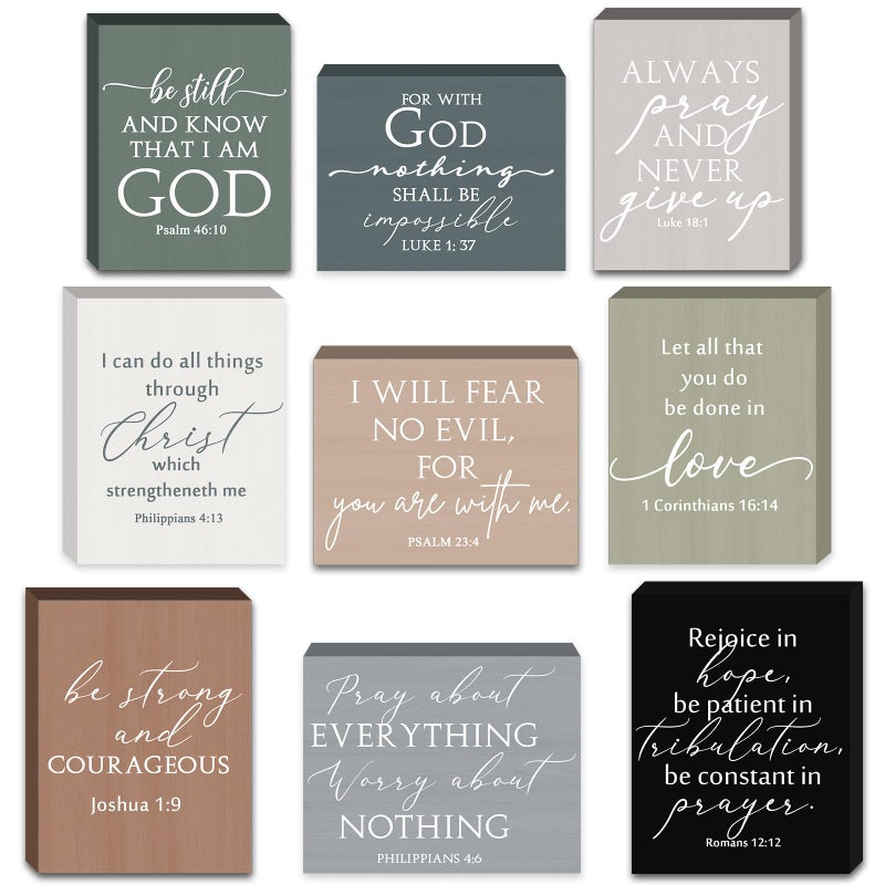 Yousoontic 9 Pcs Small Christian Desk Wall Decor Bulk Mini Wooden Inspirational Bible Verse Quotes Aesthetic Table Decor for Sunday School Teacher Church Office Desk Home