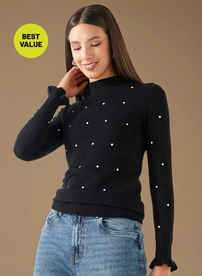 2Xtremz 2Xtremz Polka Dot Print Funnel Neck Sweater with Long Sleeves
