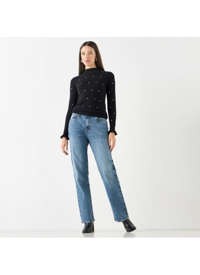 2Xtremz - 2Xtremz Polka Dot Print Funnel Neck Sweater with Long Sleeves - Image 1