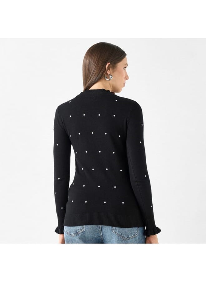2Xtremz - 2Xtremz Polka Dot Print Funnel Neck Sweater with Long Sleeves - Image 1