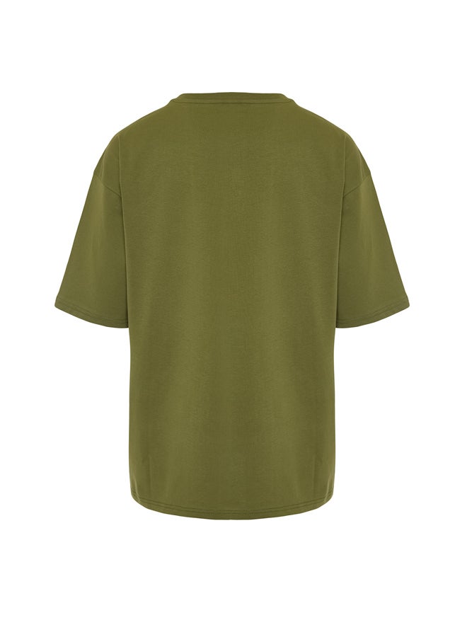 trendyol Khaki Men's Basic  Crew Neck Oversize/Wide Cut Short Sleeve T-Shirt - Image 3
