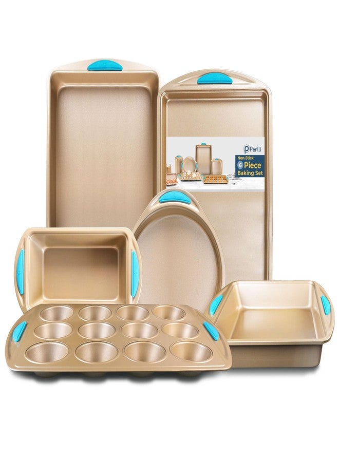 Perlli Baking Kit: Nonstick Gold Steel Oven Set - 6 Pieces, Round Cake Pan, Loaf Pan, Square Pan, Muffin Pan, Cookie Sheet, Roaster - Silicone Handles - Image 1