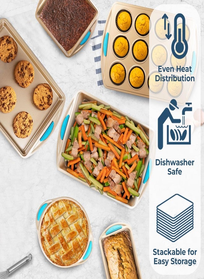 Perlli Baking Kit: Nonstick Gold Steel Oven Set - 6 Pieces, Round Cake Pan, Loaf Pan, Square Pan, Muffin Pan, Cookie Sheet, Roaster - Silicone Handles - Image 3