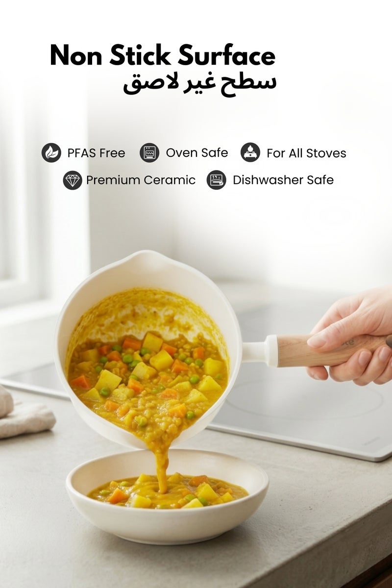 كاروت قدر طهي كاروت 1.9 لتر سيراميك غير لاصق مع غطاء مصفاة مزدوج، خالٍ من PFAS لطهي صحي، بمقبض مريح بتصميم خشبي وقاعدة توزيع حرارة متساوٍ، متوافق مع جميع المواقد وآمن لغسالة الصحون (كريمي) - Image 3