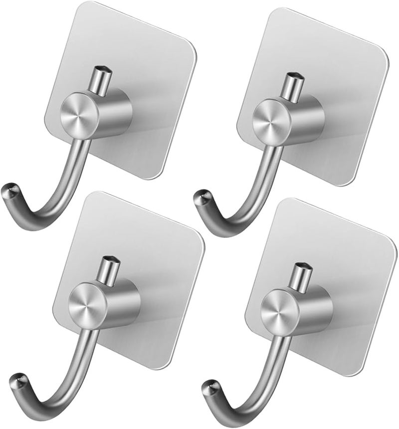 4Pcs Stainless Steel Adhesive Hooks Heavy Duty For Towels Coats Bathroom Kitchen - Image 1