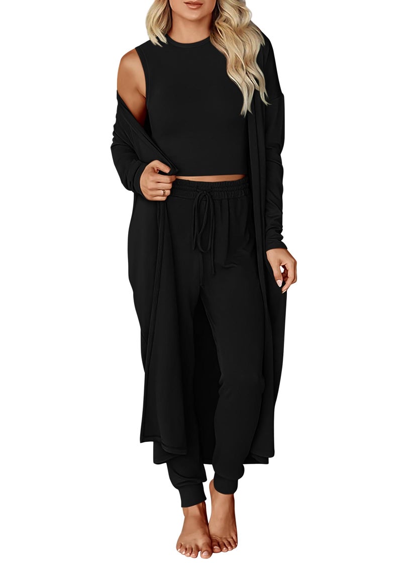 KIRUNDO 3 Piece Lounge Sets for Women Airport Travel Vacation Outfits Spring Cardigan Matching Sleeveless Top Jogger Pants(Black, X-Large) - Image 1