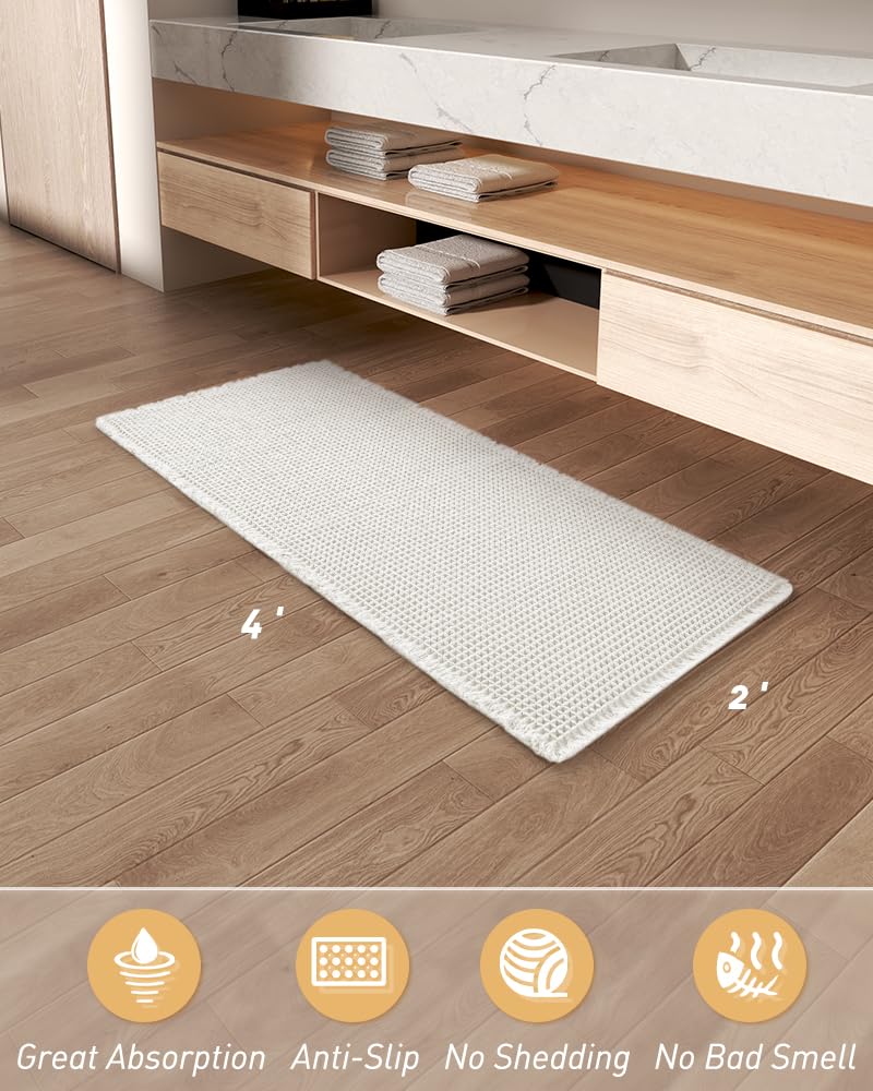 AMOAMI Waffle Runner Rug Super Absorbent Non Slip Bath Mats for Bathroom Floor, Machine Washable Boho Bathroom Runner Rug with Tassels, Ideal for Hallway Bedroom Laundry Room, 2'x 4' - Image 2