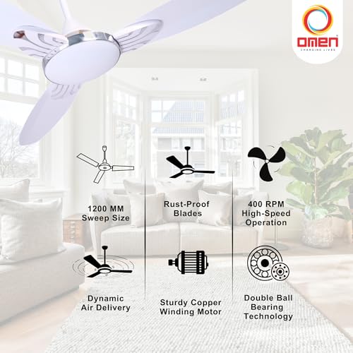 Omen Changing Lives 1200mm Falcon Prime Ceiling Fan | Powerful & Decorative Fan with Elegant Design | High Air Delivery 210 m³/min | 400 RPM Speed | BEE Star Rated | 2-Year Warranty (White) - Image 3