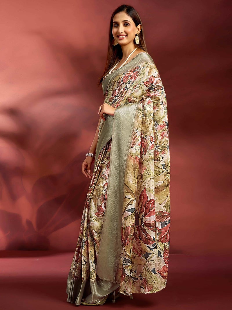 Satrani Women's Dola Silk Weaving Border Printed Ready To Wear One Minute Pre-Draped Saree with Unstitched Blouse Piece (65Rs198N_Khaki) - Image 2